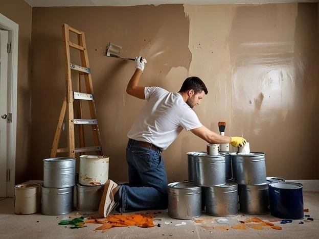 Homeowner rolling paint on living room wall during DIY project