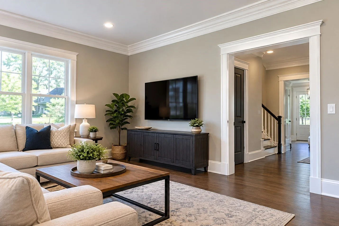 Painted crown molding and door casing in living room