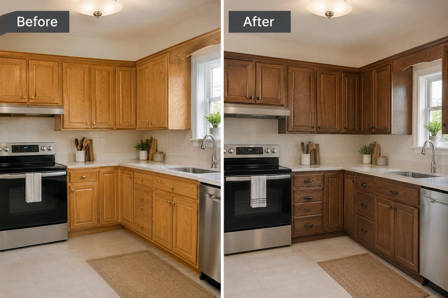 Before and after of restained oak cabinetszx