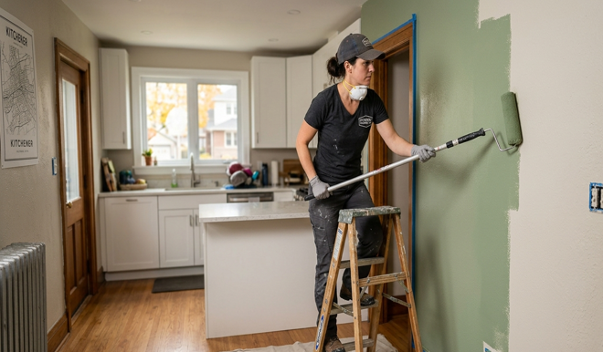 Professional painter rolling interior wall in Kitchener home