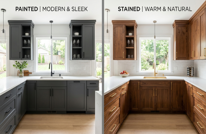 painted vs-stained wood kitchen cabinets after restoration