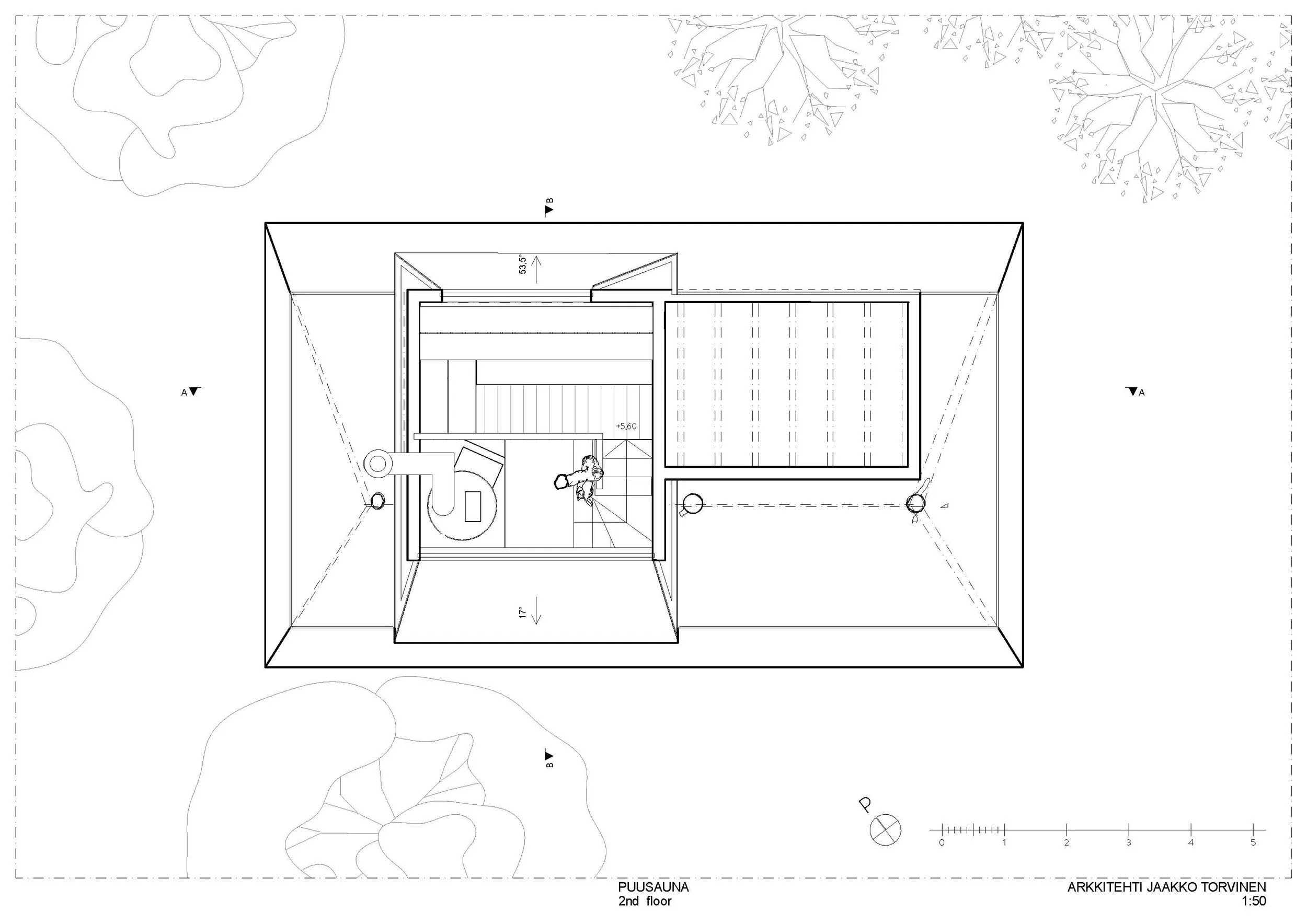 Architectural floor plan of the second floor of a building with interior details, including a staircase, a bathroom, and a large room, with some exterior landscape features.