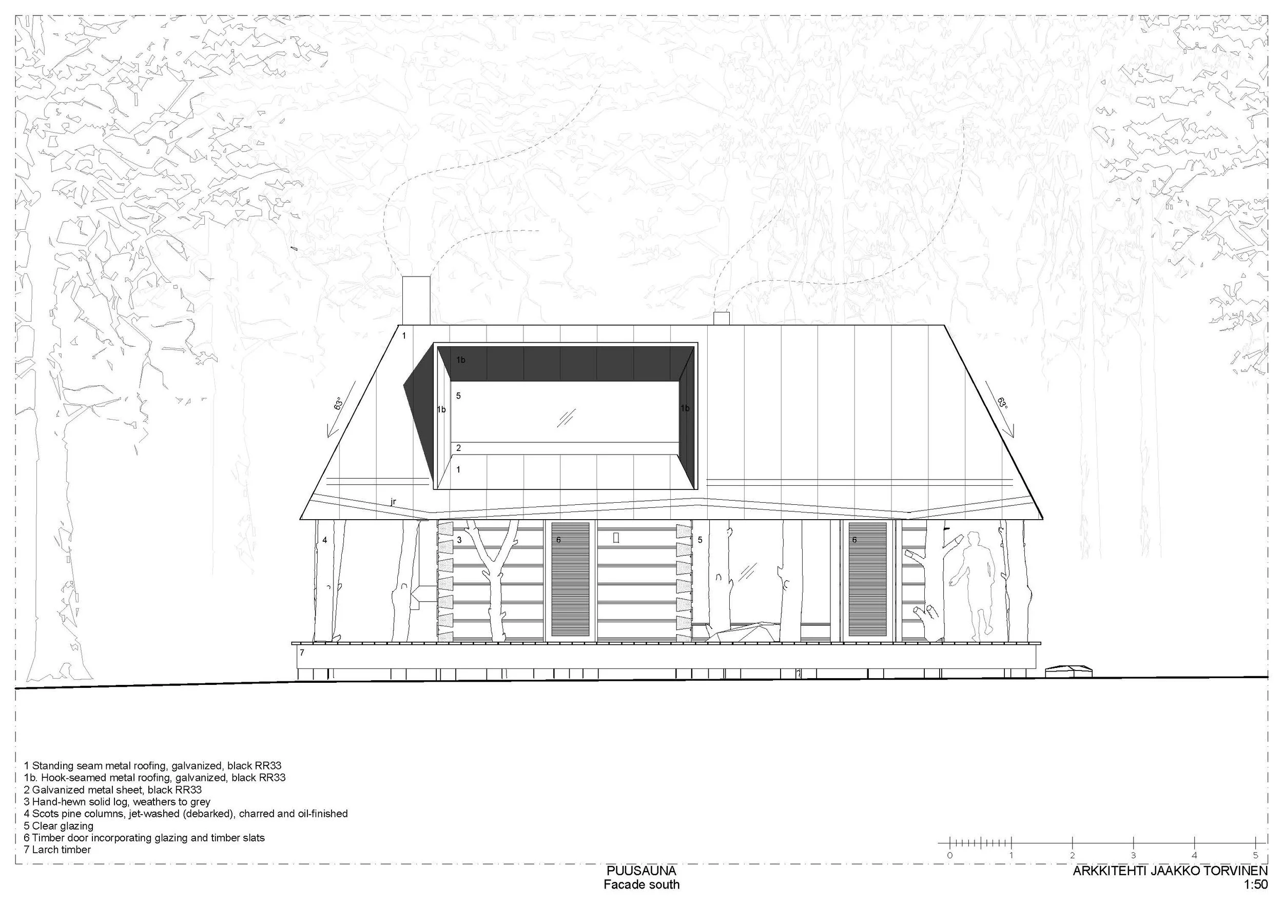 Architectural drawing of a lodge-style building with a sloped roof, large front porch supported by logs, and a dormer window on the roof. Details include metal roofing, timber slats, and a human figure on the porch for scale.