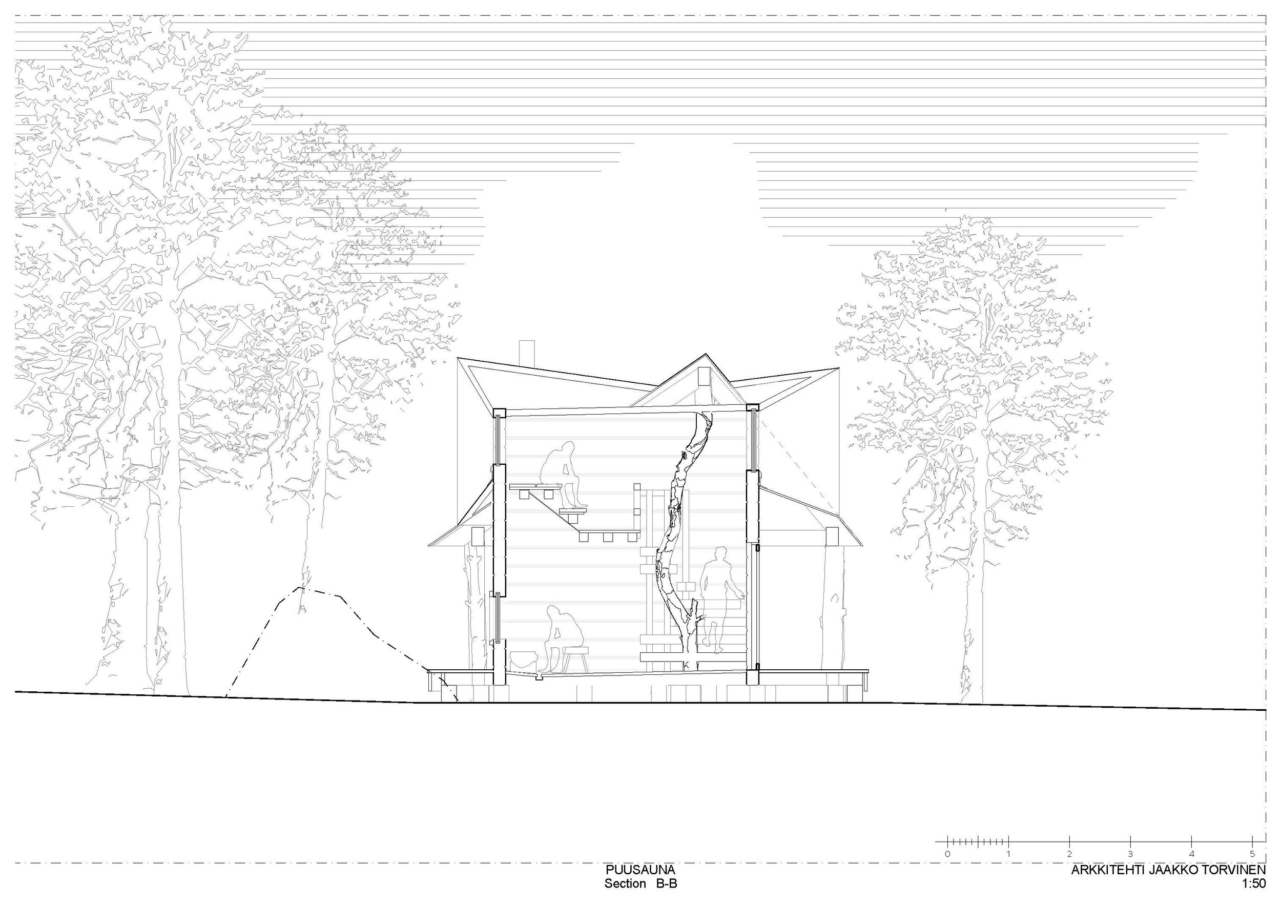 Architectural section drawing of a house with trees in the background, showing interior levels, stairs, and a person sitting on a bench.