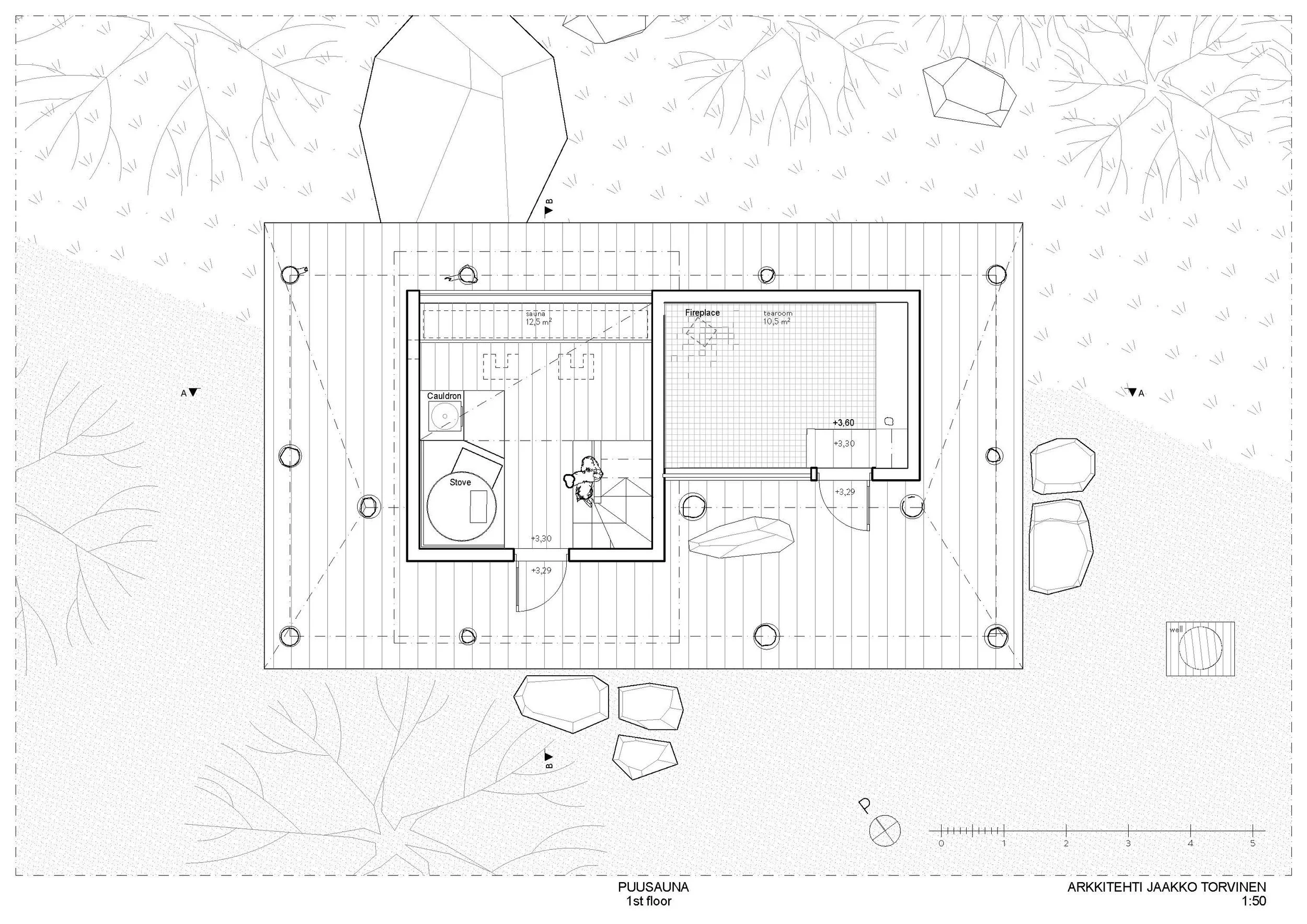 Architectural floor plan of the first floor of a house, including a sauna, a fireplace, a tearoom, and a staircase, with surrounding outdoor landscape and trees.