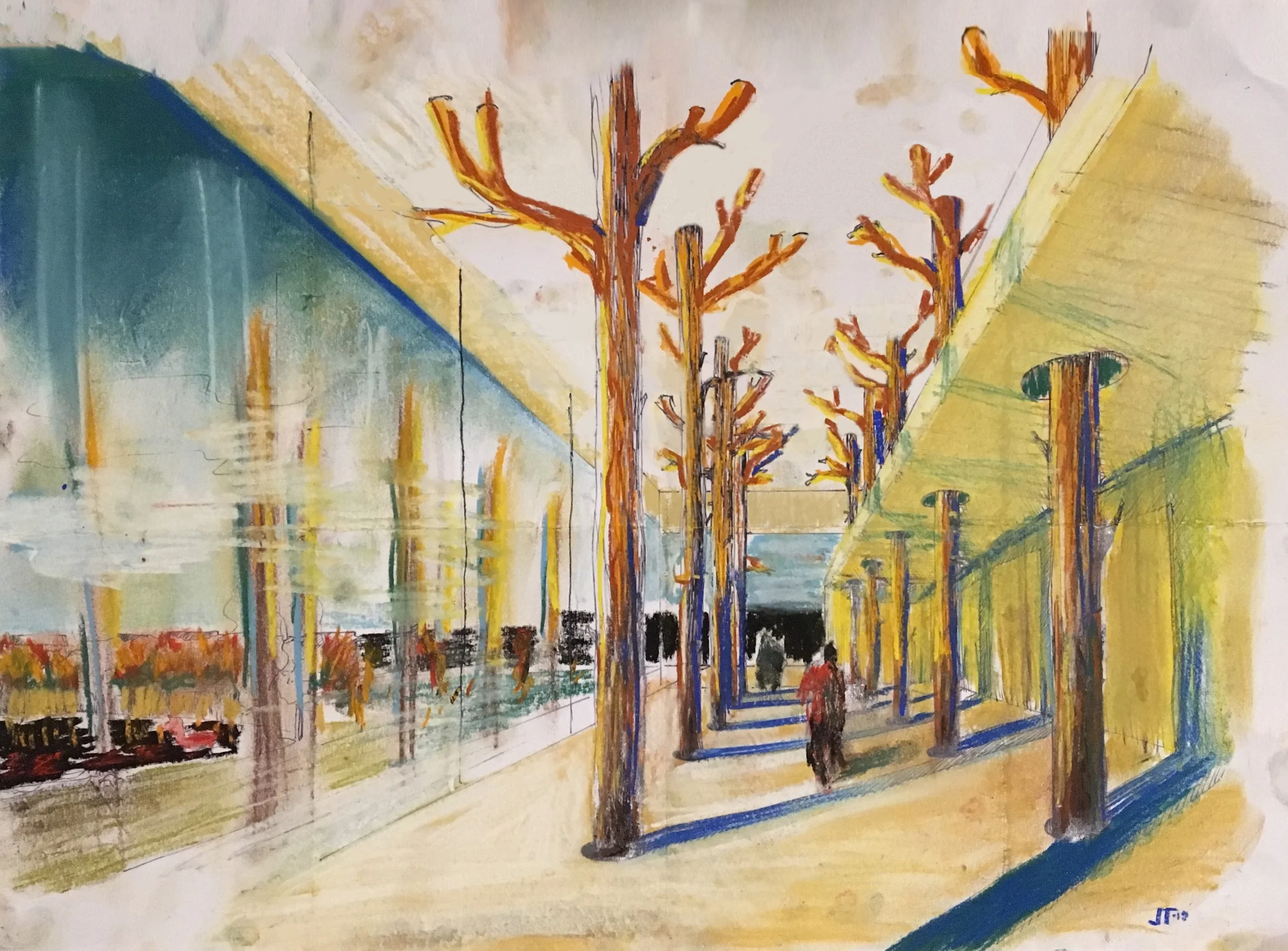 An abstract painting of a city sidewalk scene with leafless orange trees, street lamps, and a glass building on the left reflecting the trees and the sky, with a person walking along the sidewalk.