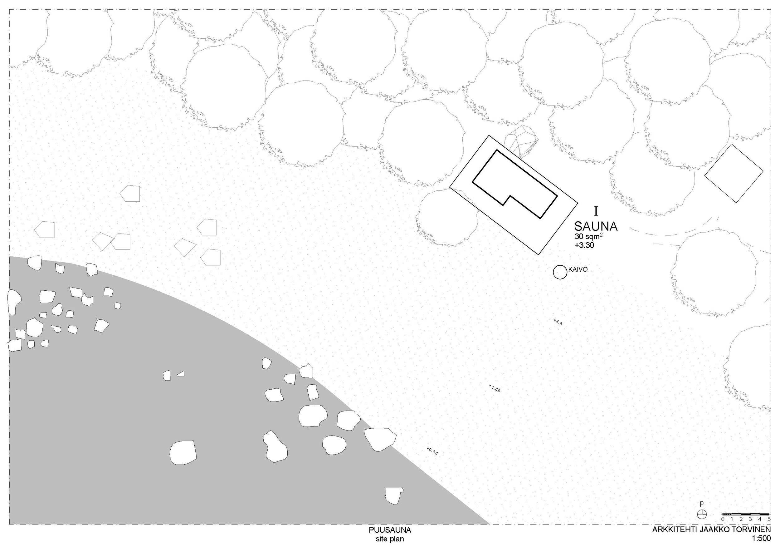 Site plan drawing of a property with a sauna, labeled as 30 square meters, located near a wooded area with trees and rocks, and a smaller circle labeled 'KAIVO' indicating a well.