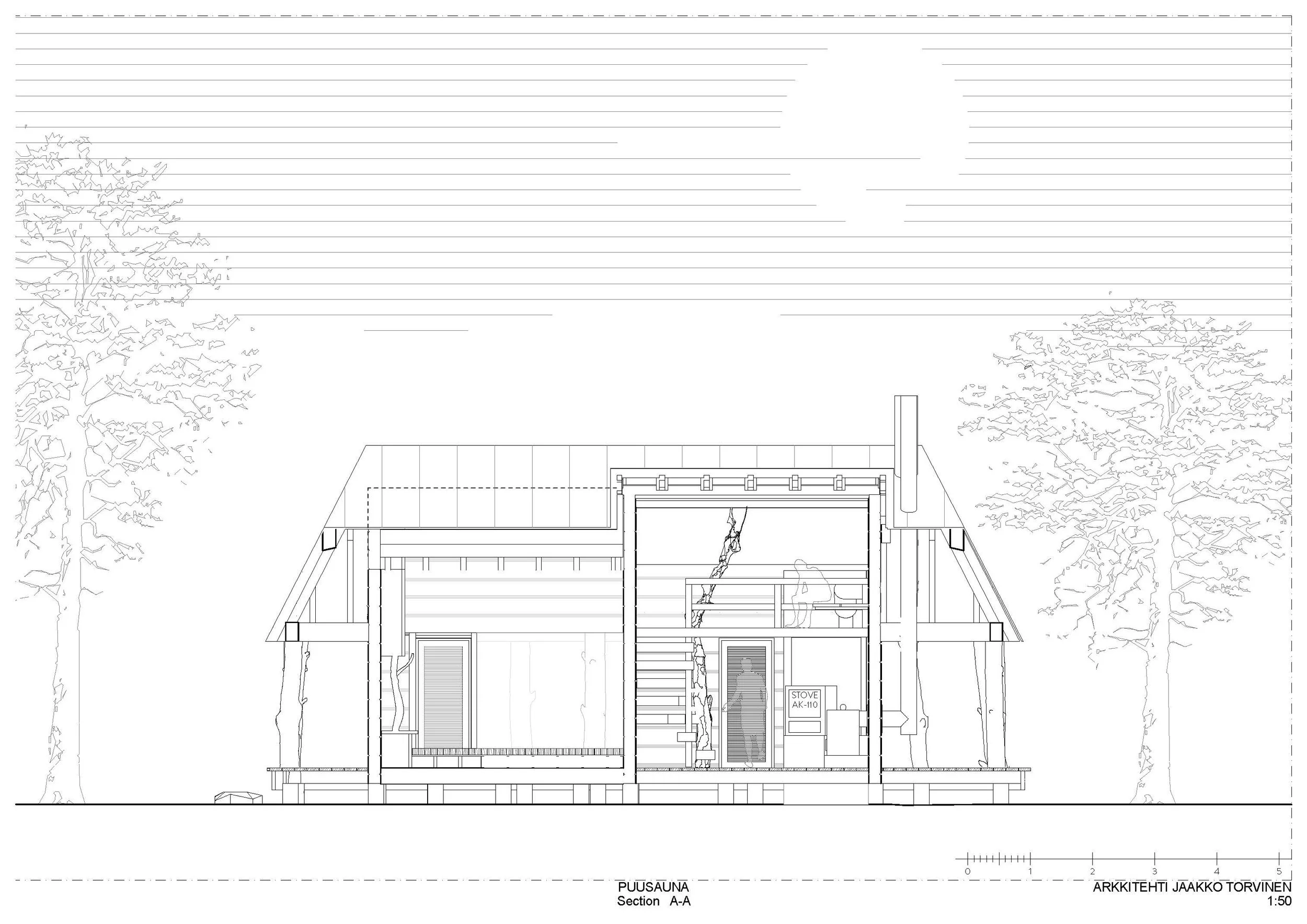 Architectural side section drawing of a modern house with trees on either side, showing interior details like furniture, stairs, and a chimney.