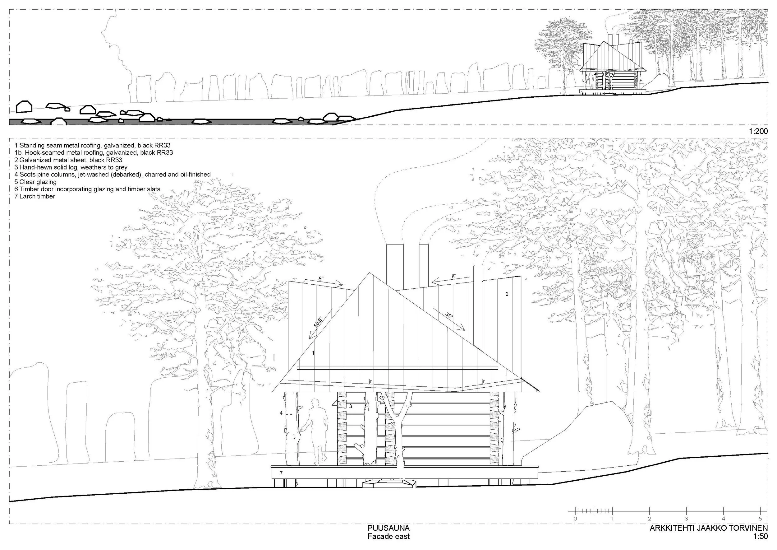 Architectural blueprint of a small wooden cabin, showing elevation and section views, with annotations of materials and measurements. Surrounding trees and landscape elements are depicted in the drawing.
