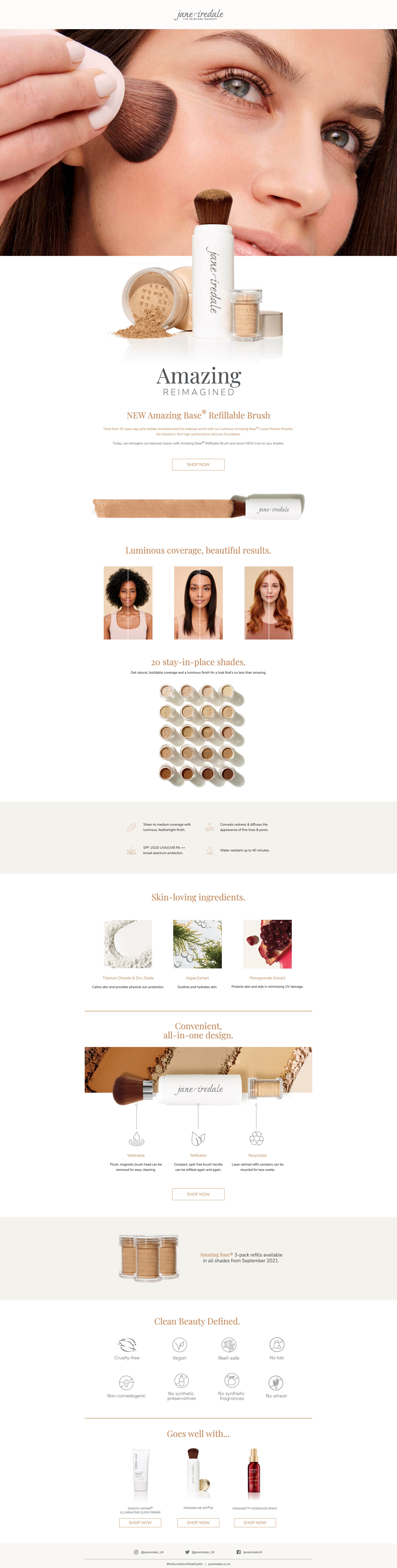 Jane Iredale refillable powder brush landing page.