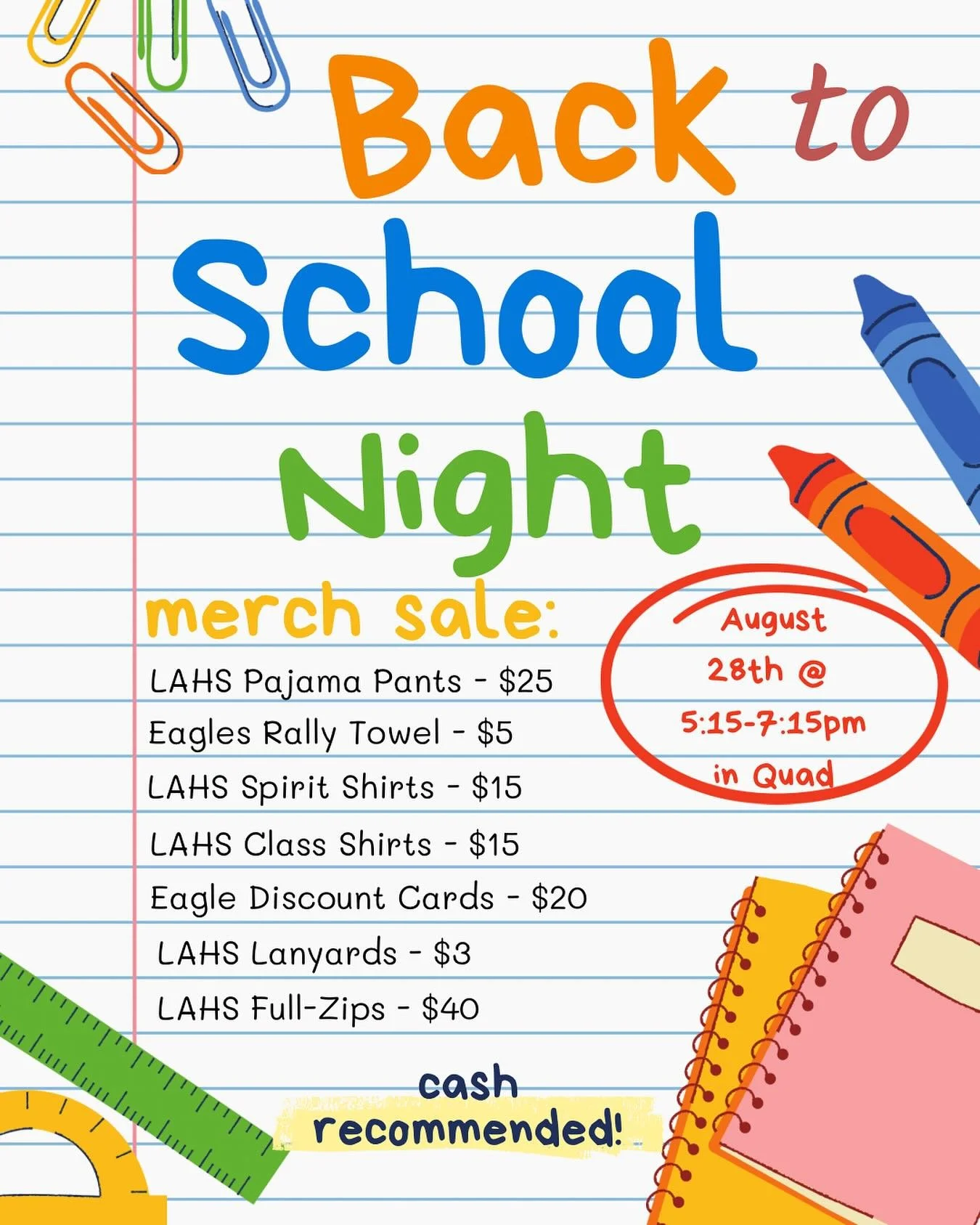 Hey Eagles! Make sure to let your parents know to swing by the student merch table during Back to School Night in the quad. Both cash and card accepted!