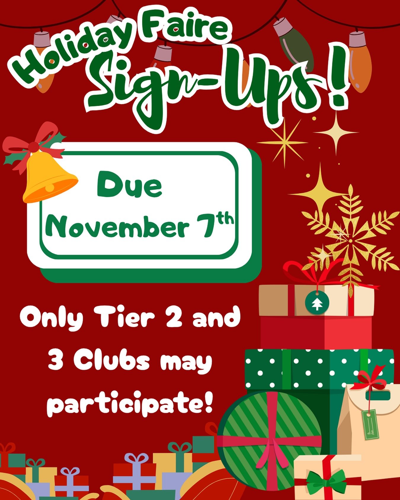 Reminder that the Holiday Faire sign ups for clubs are open! The form (https://tinyurl.com/LAHSholidayfaire) will close on November 7th. Only Tier 2 and 3 clubs may participate.