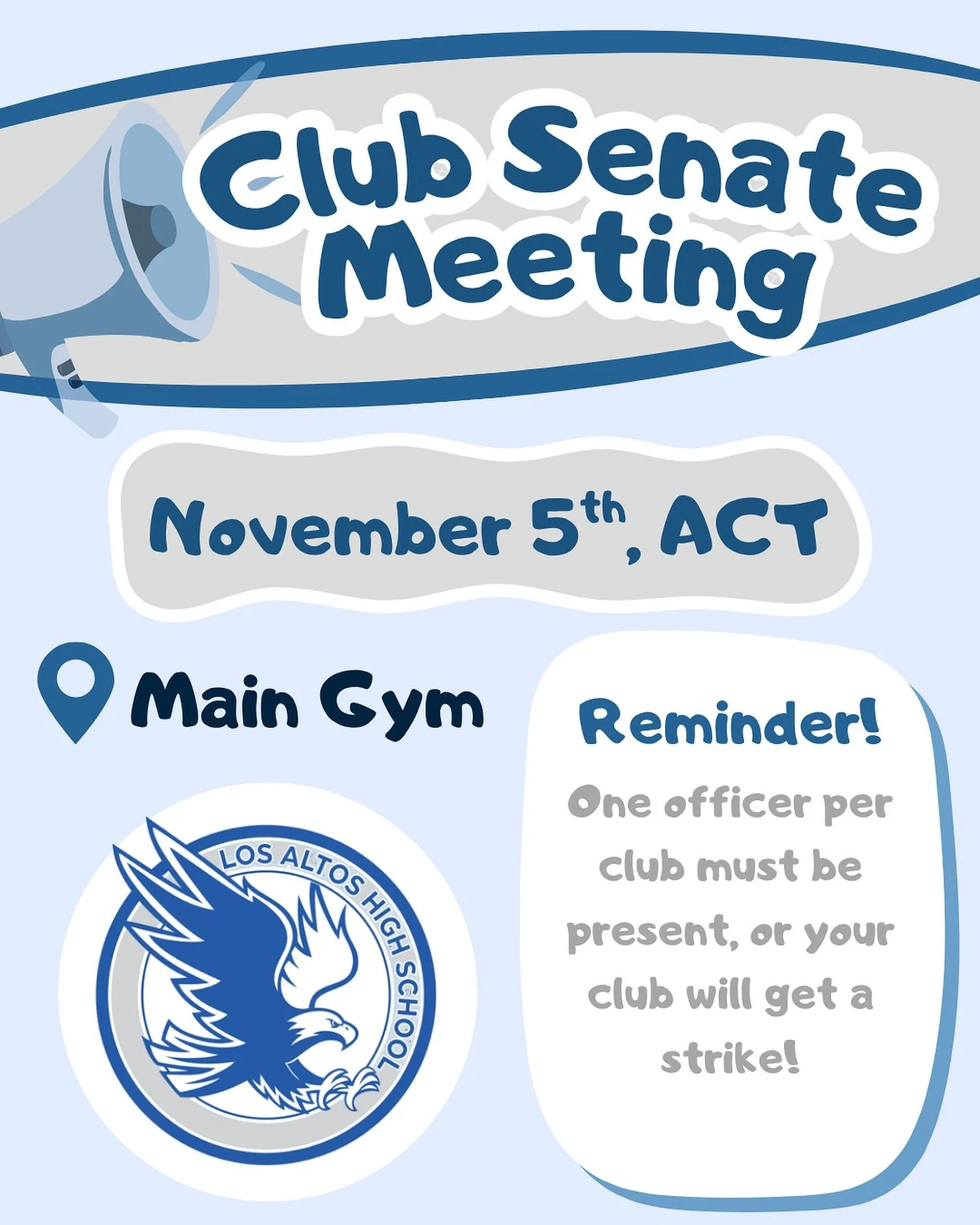 Our next club senate meeting is next Wednesday, November 5th during ACT in the Eagle Theatre! Reminder that at least one club officer must be present at the meeting, or your club will receive a strike. See you there!