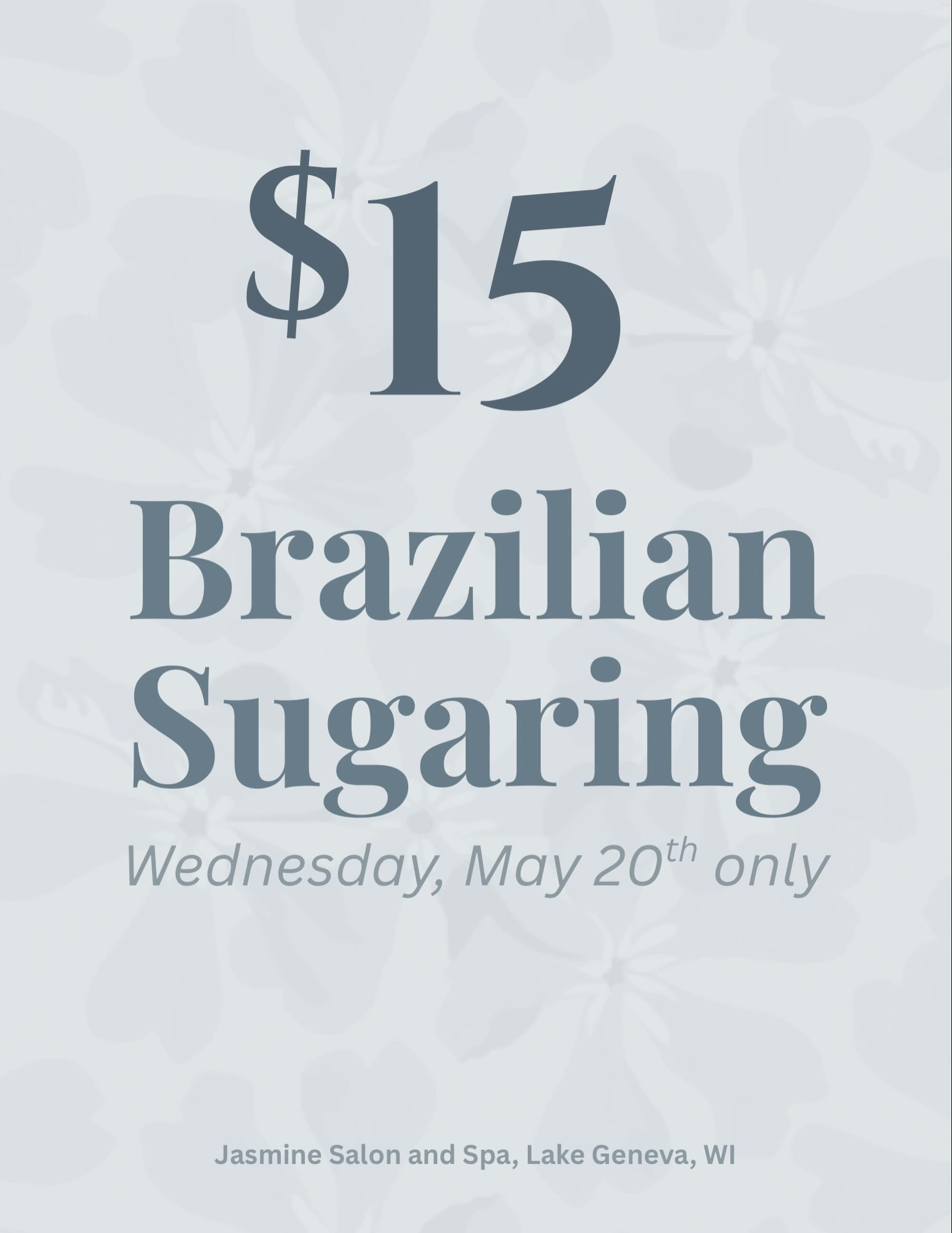 Special offer for one day only ✨
Brazilian Sugaring for $15 on Wednesday, May 20th.
A great opportunity to try sugaring or stay on track with your routine before summer. Limited availability, booking recommended 🤍

#lakegenevaspa #sugaringhairremova