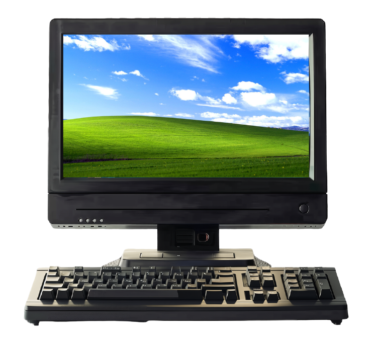 An old computer monitor displaying a landscape of green hills, blue sky, and white clouds, with a keyboard in front.
