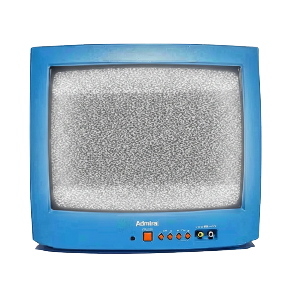 An old-fashioned blue television set with a static screen, labeled 'Admiral', with control knobs and ports at the bottom.