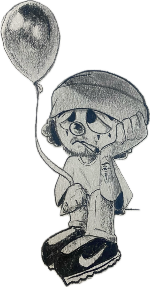 A hand-drawn cartoon character of a sad person with tear-streaked face, wearing a cap, and looking distressed, holding a balloon.