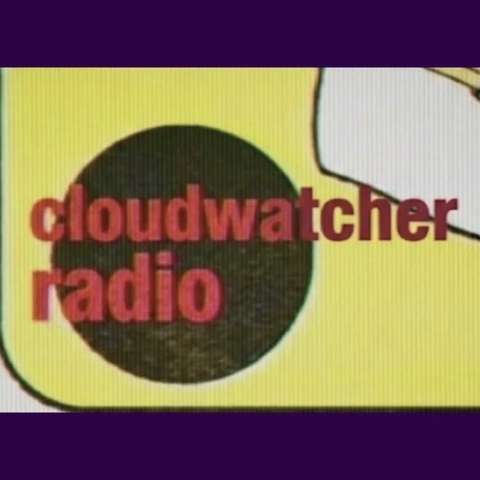 Close-up of a sign with the words "cloudwatcher radio" in bold red letters on a black circle background, with a purple border at the top and a partial white illustration at the top right.