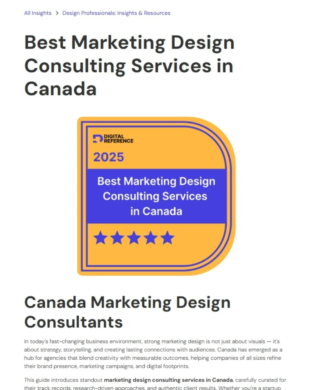 Named among “Best Marketing Design Consulting Services in Canada”