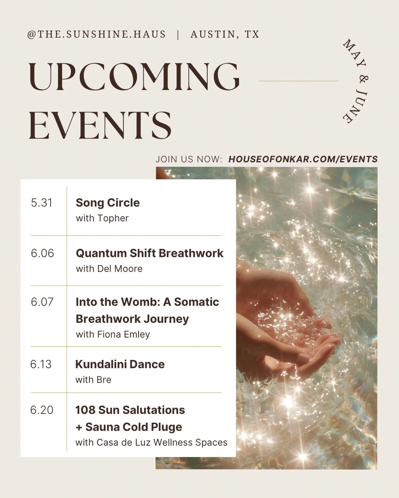 Upcoming magic at Sunshine Haus ✨

We&rsquo;re moving into a beautiful season of gathering with song, breath, embodiment, dance, ritual, and community.

From our monthly Song Circle and Kundalini Dance, to deep breathwork journeys and our Summer Sols