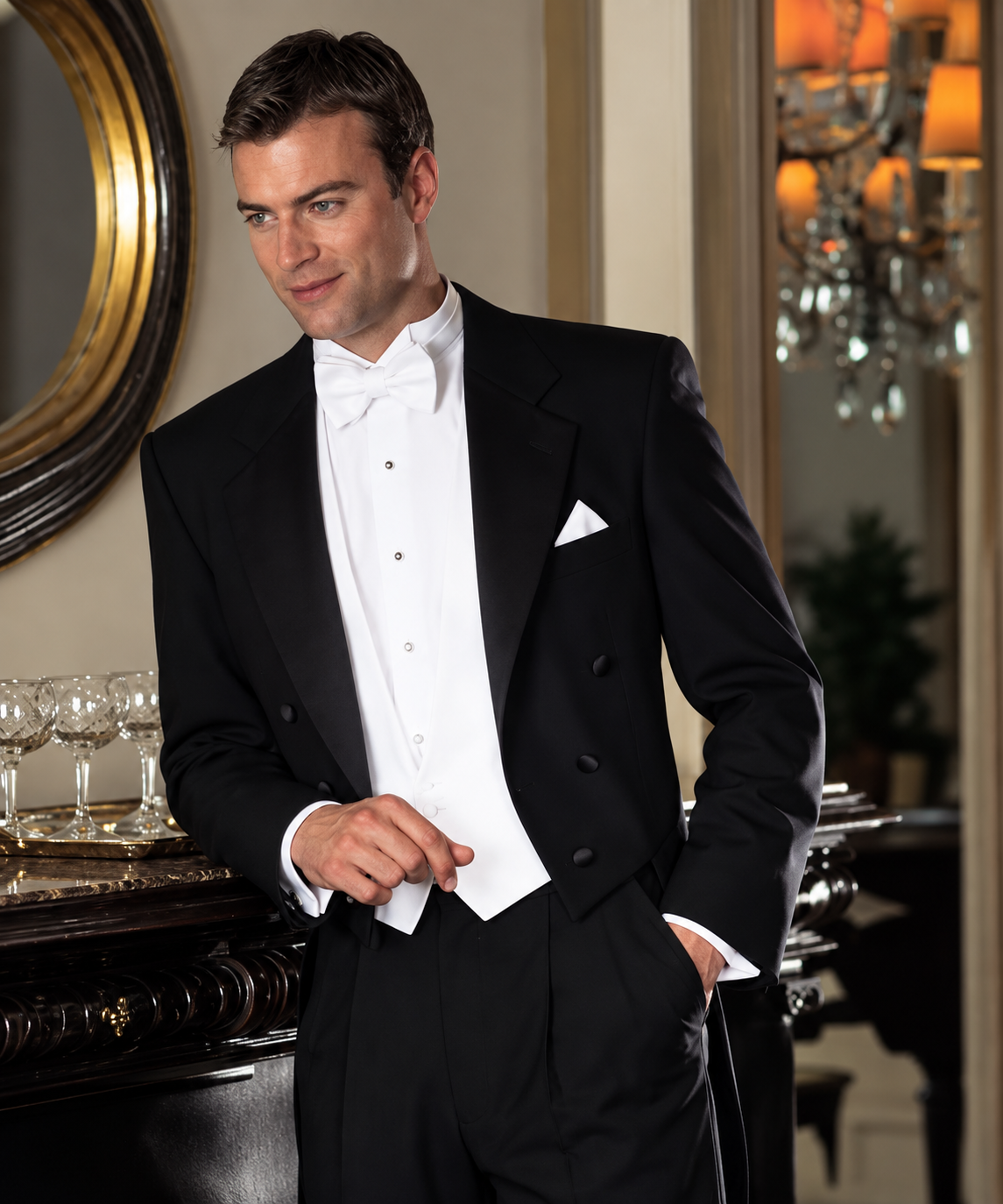 After Six Madison Tailcoat Style# CNFDB  Features: Six Button Front, Satin Notch Lapel.