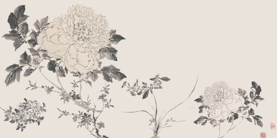 Black and white traditional floral artwork featuring large blooming flowers with detailed petals and leaves, in a minimalist style.