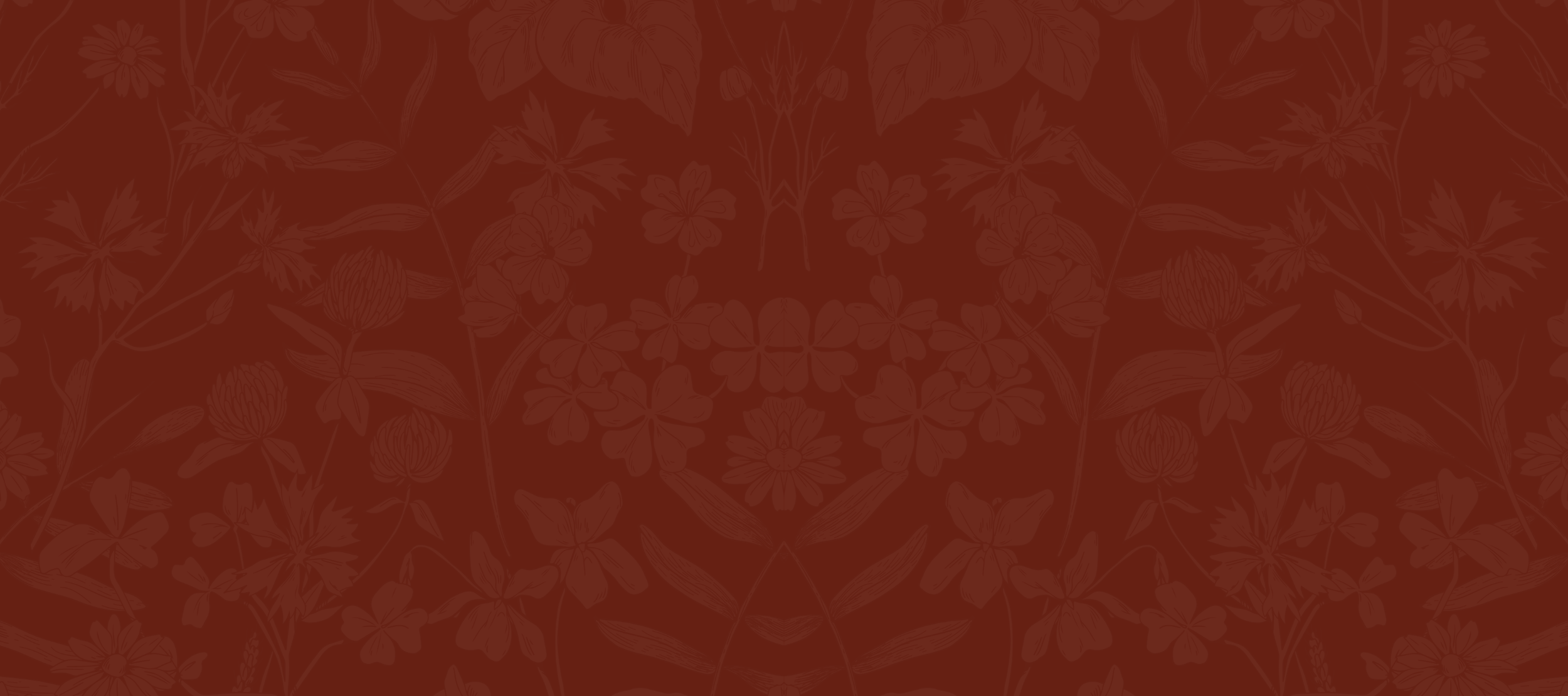 The image features a decorative floral pattern on a red background, with detailed outlines of various flowers and leaves.