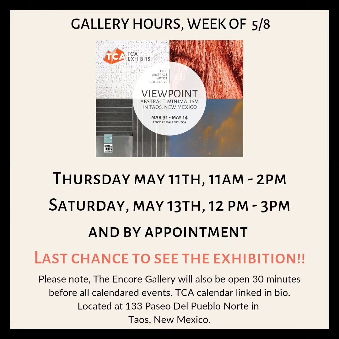 LAST CHANCE to see VIEWPOINT: Abstract Minimalism in Taos, New Mexico. The show has been a huge success and closes on Sunday, May 14th. Gallery Hours as posted and by appointment! 
.
.
.
#viewpoint
#taos #taosabstractartistcollective
#taosnewmexico #