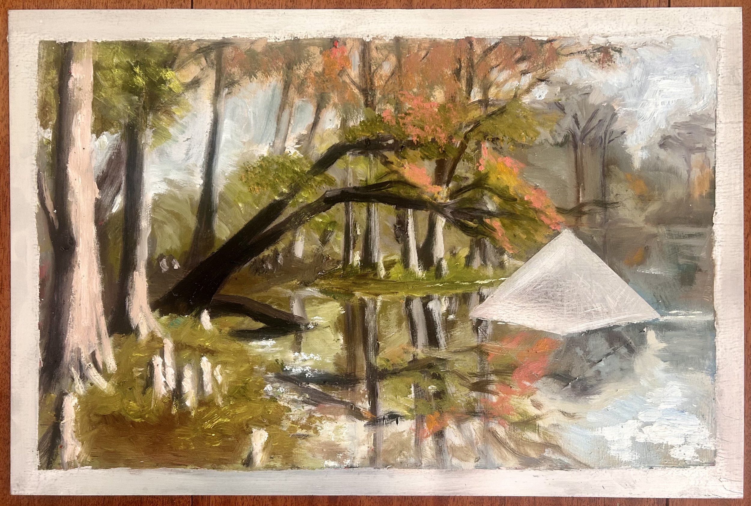 Santa Fe River (2024)
Oil on Aluminum Sheet
14”x10”
Santa Fe River builds upon the concept of the Primordial Mound, with the presence of the Benbens serving as
a subtle, ethereal reminder of ancient origins.
The Santa Fe River, a place I often visite