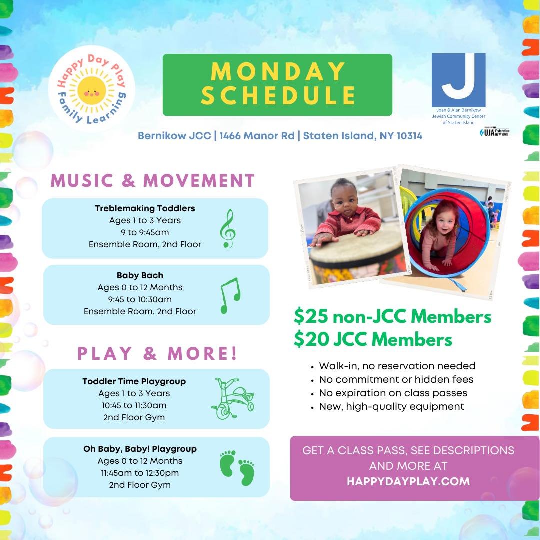 Let&rsquo;s kick off the week right! 🎉 Mondays are for music and play, with classes for babies 0 to 12 months and toddlers 1 to 3 years 💕 🛝 🎶 

➡️ Get your class pass at HappyDayPlay.com

📍 @jccofstatenisland
Bernikow JCC 
1466 Manor Rd
Staten I