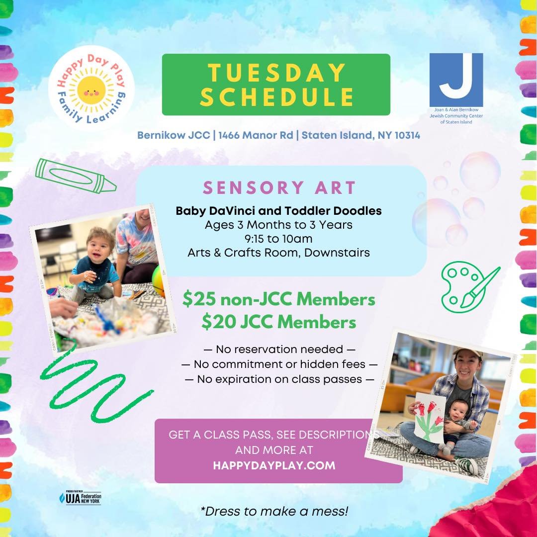 Introduce your little ones to a world of wonder with our sensory art class for babies and toddlers! Are you ready for some color? 🎨✨

➡️ Get your class pass at HappyDayPlay.com

📍 @jccofstatenisland
Bernikow JCC
3815 Amboy Rd
Staten Island, NY 1030