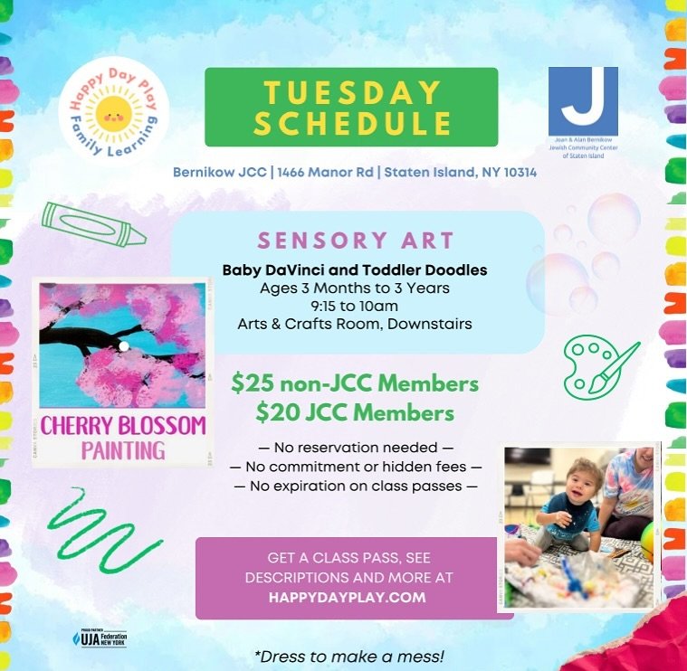 On Tuesday 5/14, our babies and toddlers are painting cherry blossom trees and exploring some more surprise sensory art fun 🌸🎨 Come join us!

➡️ Get your class pass at HappyDayPlay.com

📍 @jccofstatenisland
Bernikow JCC
3815 Amboy Rd
Staten Island