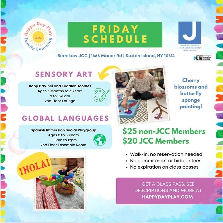 TGIF! We&rsquo;re excited for the weekend (and our free family wellness party with @hooplafun.app Sat 5/18), but first let&rsquo;s have some fun in our Sensory Art and Spanish Immersion Friday classes! 

🎨 At 9am, immerse yourself in our Sensory Art