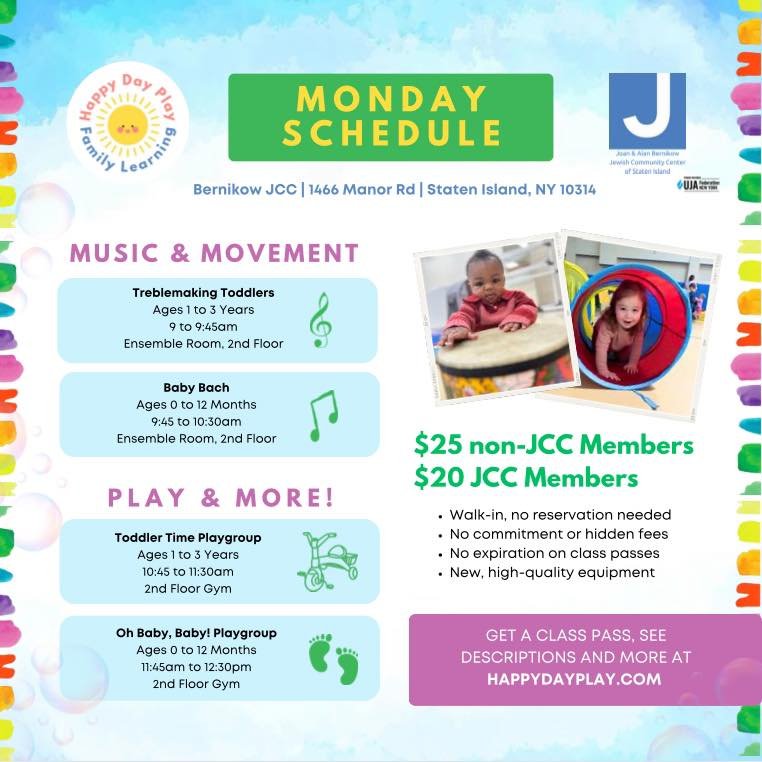 Age specific Music and Movement and Play &amp; More! classes for babies and toddlers happen every Monday. Have you checked these out yet? Come join the fun! 😊

➡️ Get your class pass at HappyDayPlay.com

📍 @jccofstatenisland
Bernikow JCC 
1466 Mano