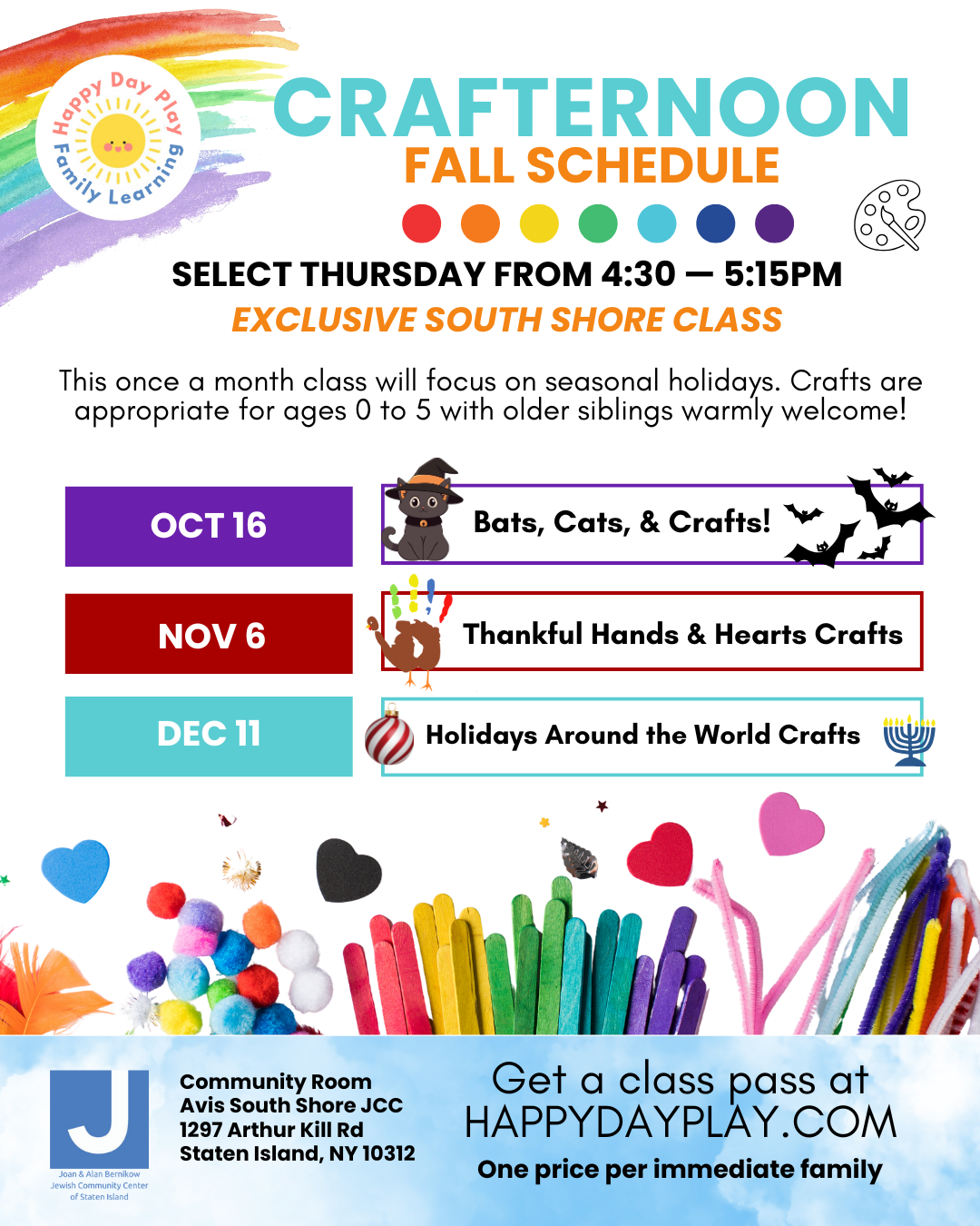 Monthly Family Crafternoon Class: BATS, CATS, & CRAFTS, Ages 0 to 5, Older Big Helper Siblings Welcome - SOUTH SHORE