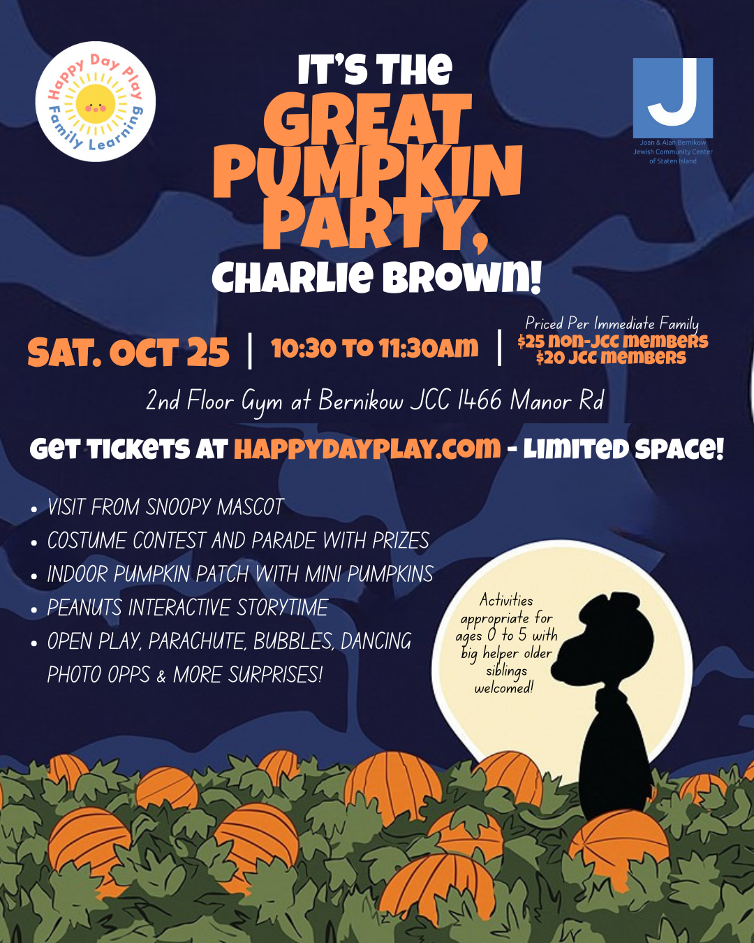 IT’S THE GREAT PUMPKIN PARTY, CHARLIE BROWN: Ages 0 to 5, Older Big Helper Siblings Welcome — TICKET REQUIRED
