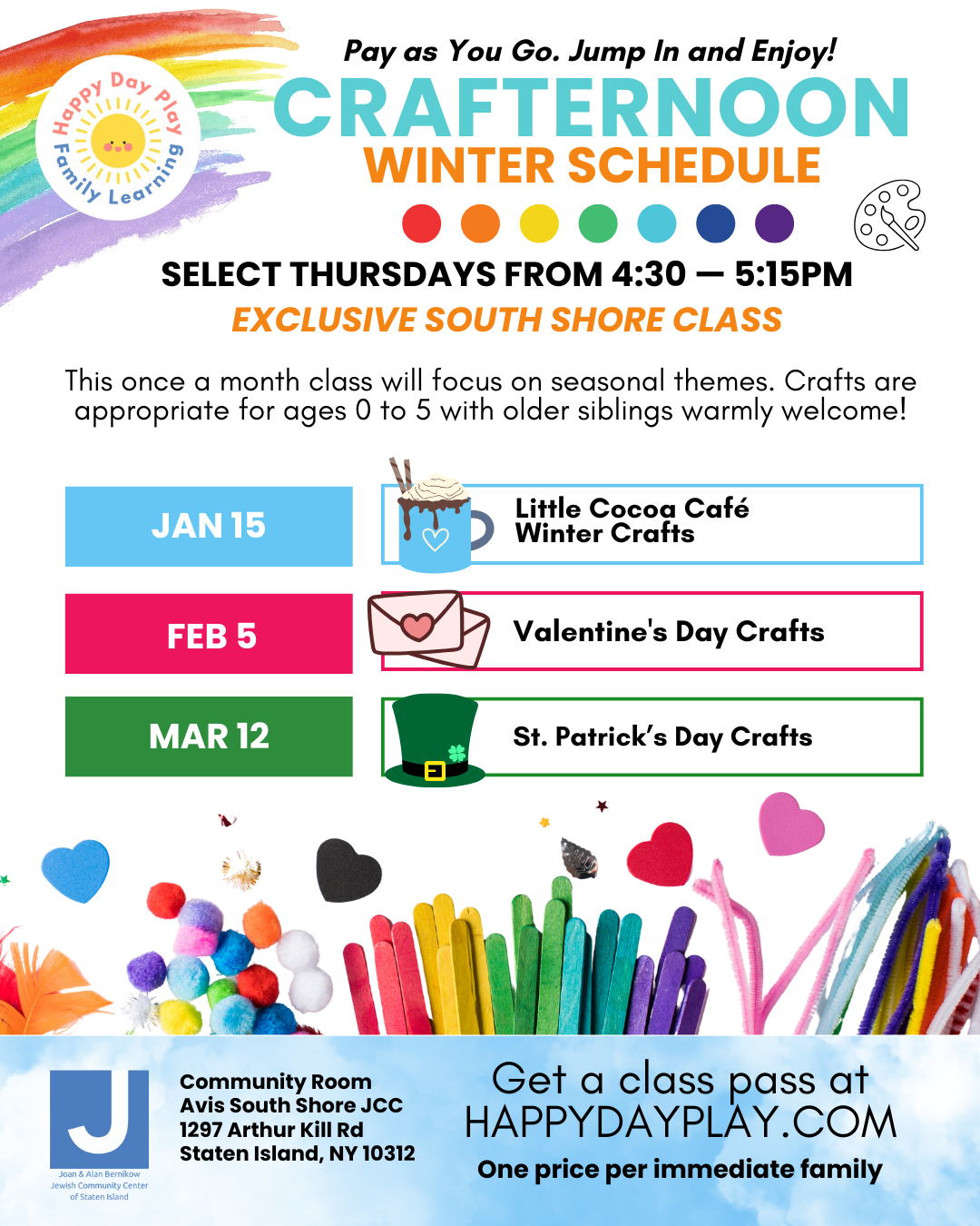 Monthly Family Crafternoon Class: LITTLE COCOA CAFE WINTER CRAFTS, Ages 0 to 5, Older Big Helper Siblings Welcome - SOUTH SHORE