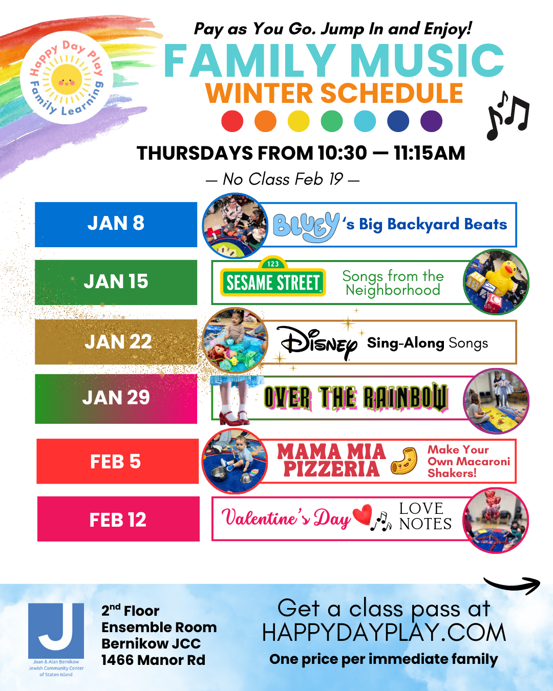 Family Music Class: OVER THE RAINBOW, Ages 0 to 5 Years