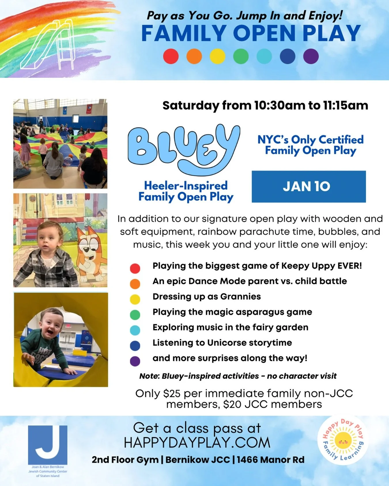 In this Family Open Play class Inspired by Bluey, families jump into the kinds of games kids love most: the biggest game of Keepy Uppy ever, Dance Mode showdowns, dressing up as Grannies, and playing Magic Asparagus. 

With backyard-style games and s