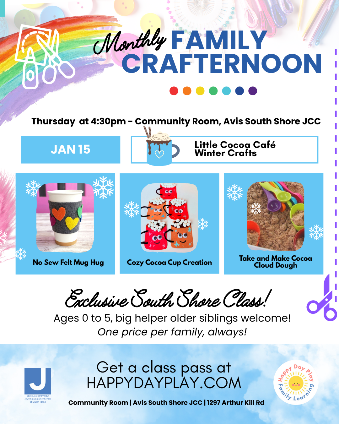 Monthly Family Crafternoon Class: LITTLE COCOA CAFE WINTER CRAFTS, Ages 0 to 5, Older Big Helper Siblings Welcome - SOUTH SHORE
