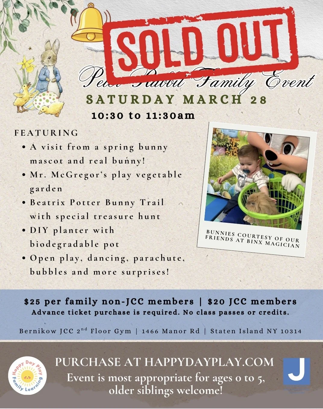 SOLD OUT: Peter Rabbit Springtime Play &amp; Party Saturday March 28th - SPECIAL TICKET REQUIRED, NO WALK-INS