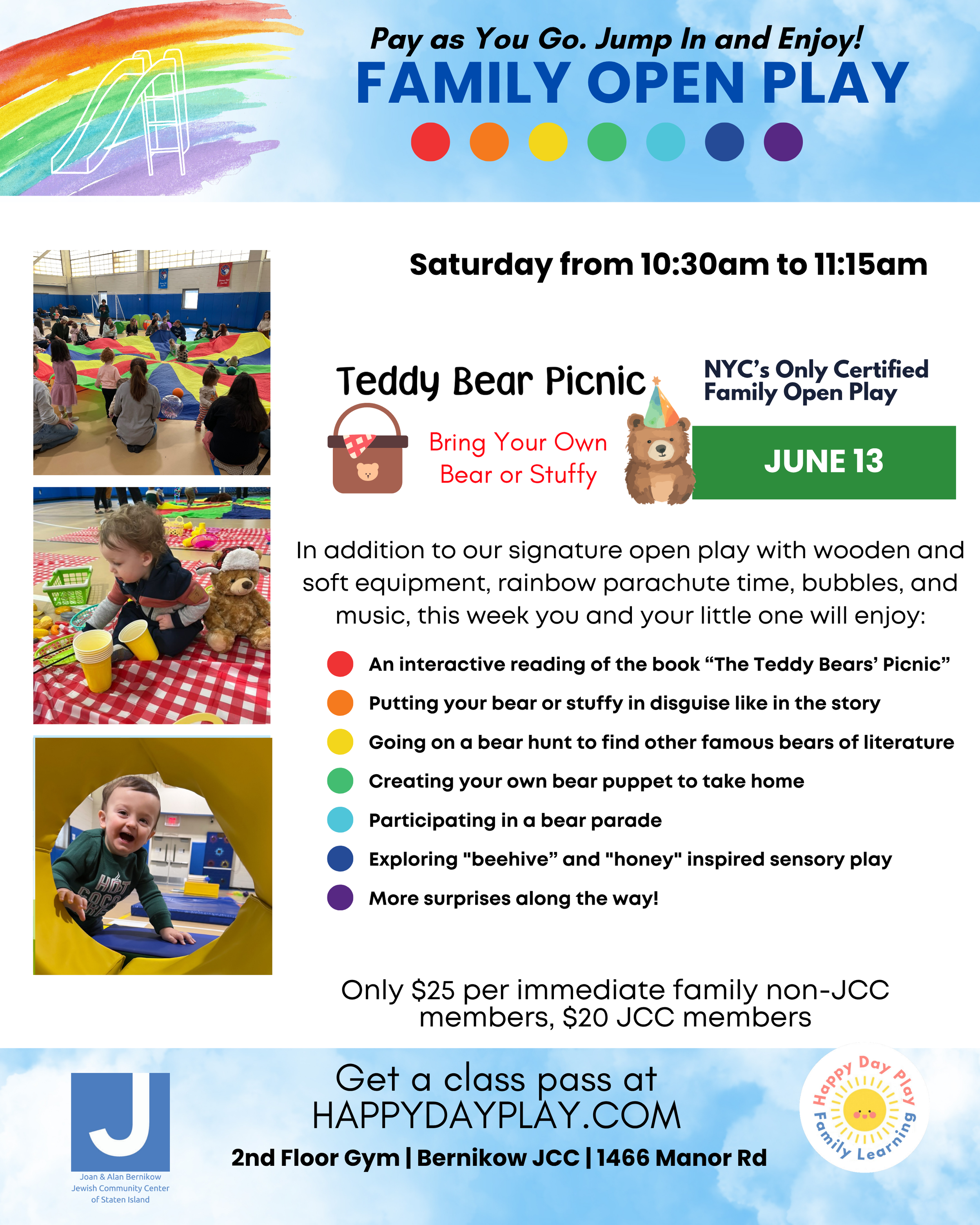 Family Open Play Class: TEDDY BEAR PICNIC Bring Your Own Bear, Ages 0 to 5, Older Big Helper Siblings Welcome