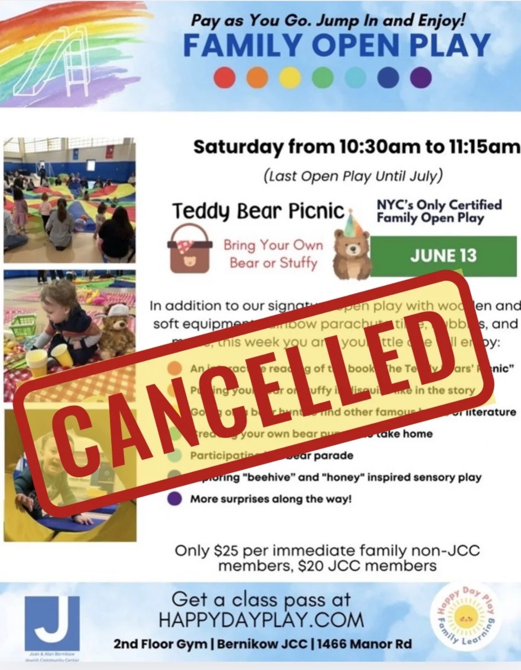 CANCELLED DUE TO AIR CONDITIONING REPAIRS: Family Open Play Class: TEDDY BEAR PICNIC Bring Your Own Bear, Ages 0 to 5, Older Big Helper Siblings Welcome