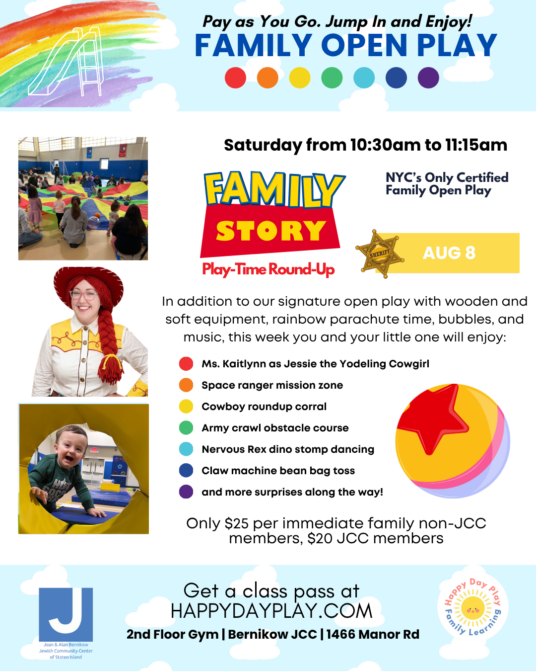 Family Open Play Class: Toy Story: Play-Time Round-Up with Jessie Visit, Ages 0 to 5, Older Big Helper Siblings Welcome
