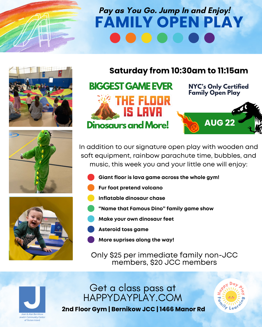 Family Open Play Class: The Floor Is Lava: Dinos and More!, Ages 0 to 5, Older Big Helper Siblings Welcome