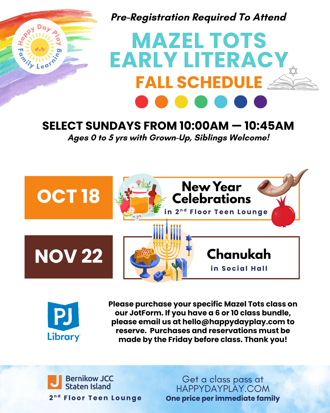 Mazel Tots Early Literacy Class: New Year Celebrations, Ages 0 to 5 Years, Big Helper Older Siblings Welcome - RESERVATION REQUIRED