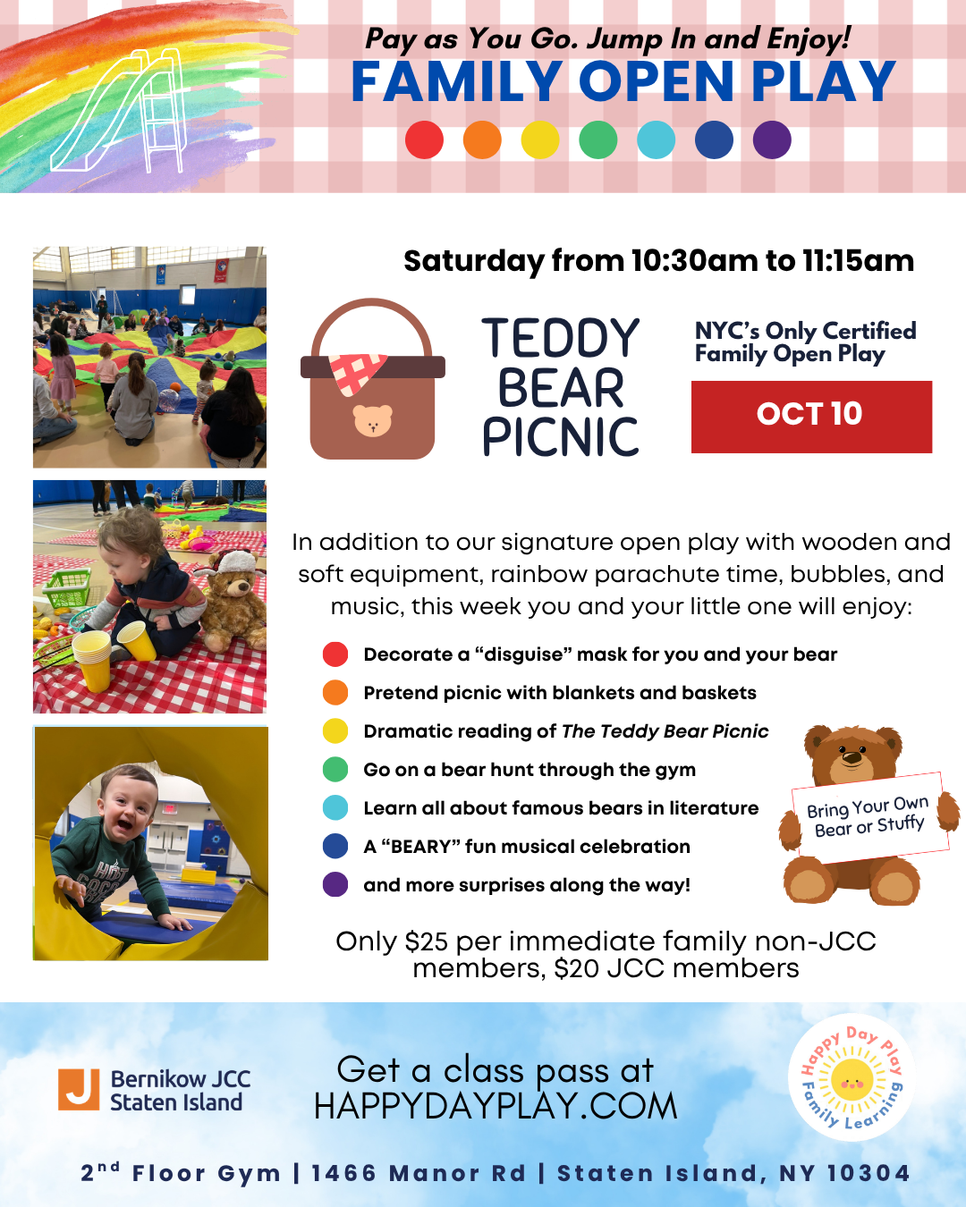 Family Open Play Class: Teddy Bear Picnic BYO Bear, Ages 0 to 5, Older Big Helper Siblings Welcome