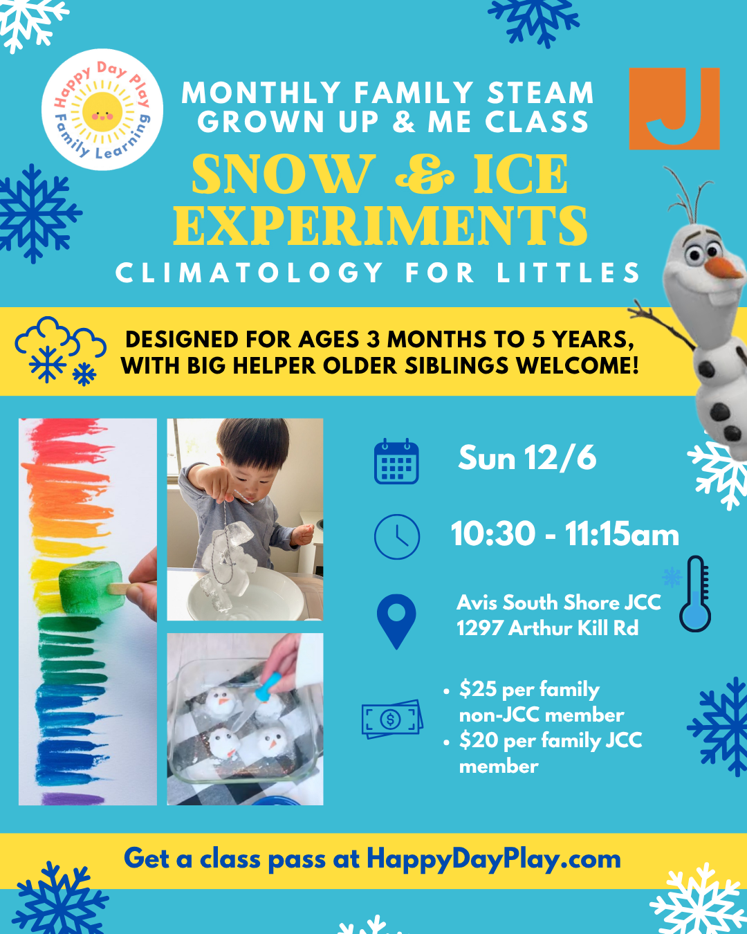 Monthly Family STEAM Class: Ice and Snow Climatology Experiments, Ages 0 to 5, Older Big Helper Siblings Welcome - SOUTH SHORE