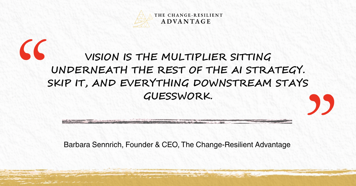 Quote graphic reading "Vision is the multiplier sitting underneath the rest of the AI strategy. Skip it, and everything downstream stays guesswork," attributed to Barbara Sennrich, Founder and CEO, The Change-Resilient Advantage.