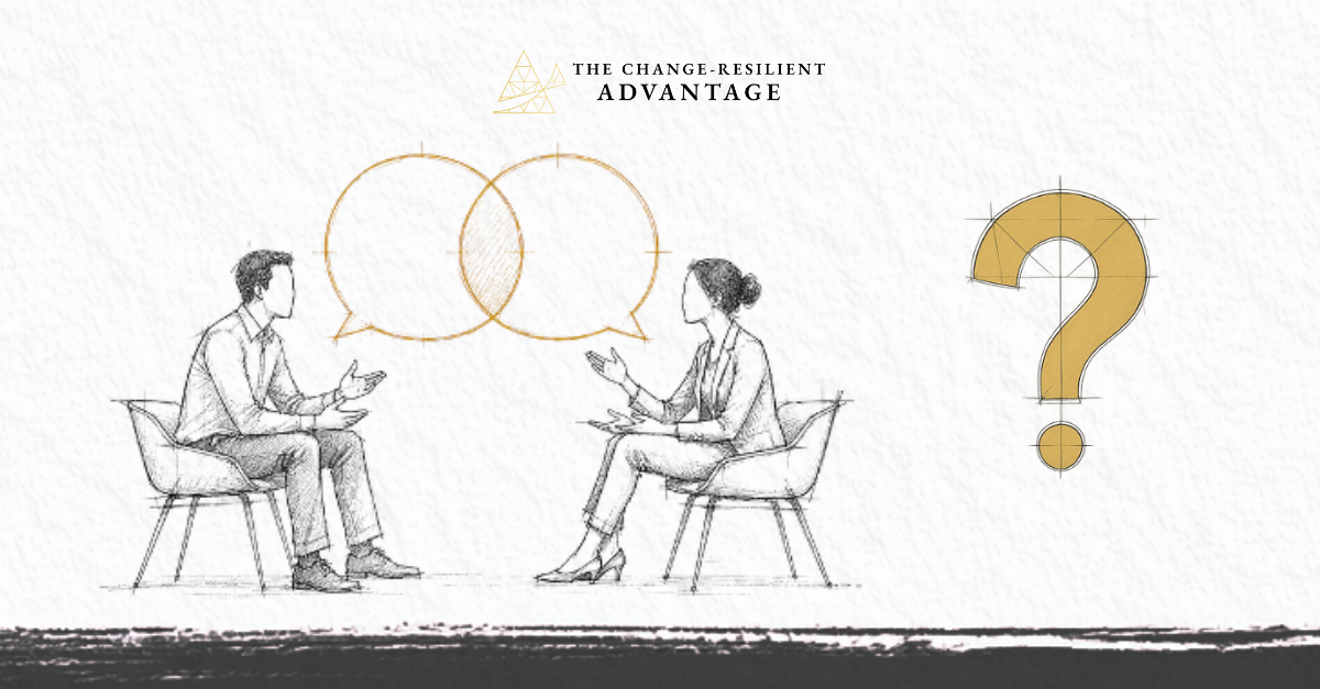 Pencil sketch of a man and a woman seated facing each other in simple chairs, mid-conversation, hands gesturing. Above them, two speech bubbles overlap in a Venn shape, shaded where they intersect.